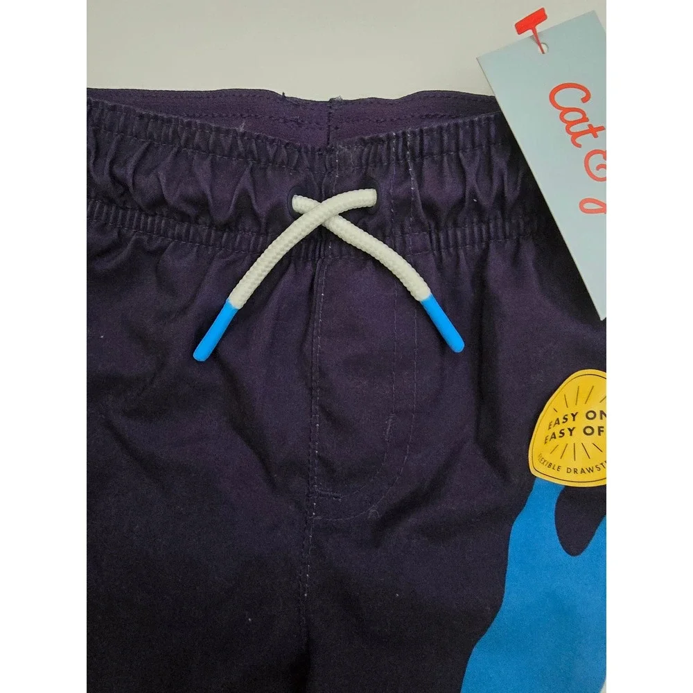 Cat & Jack Boys Shark Swim Trunks Navy Blue Coral UPF 50+ Flexible Drawstring